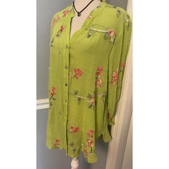Floral Embroidered Button-Up Shirt in Vibrant Lime Green - Picture 7 of 9